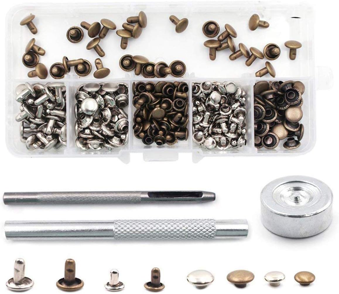 120 Sets Leather Rivets Double Cap Button Rivet Tubular Metal Studs with 3 Fixing Tool Kit and Storage Box for Leather Craft Repairing Decoration, 2 Sizes (Silver and Bronze)