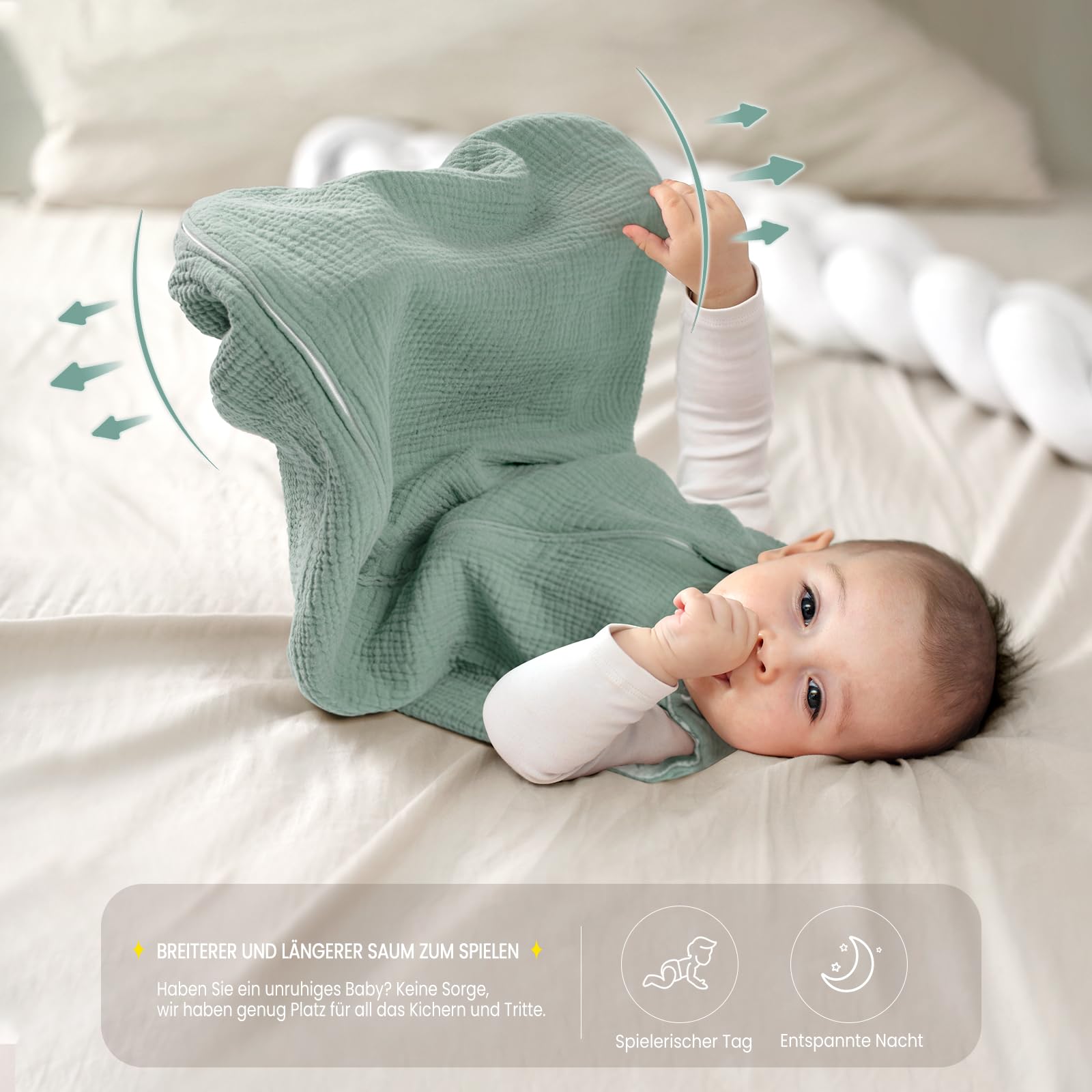 lulumoon Sacco nanna per bambini da 3 a 9 mesi: sacco a pelo in mussola per bambini e bambine – Sacco nanna in cotone per 70 cm per tutte le stagioni