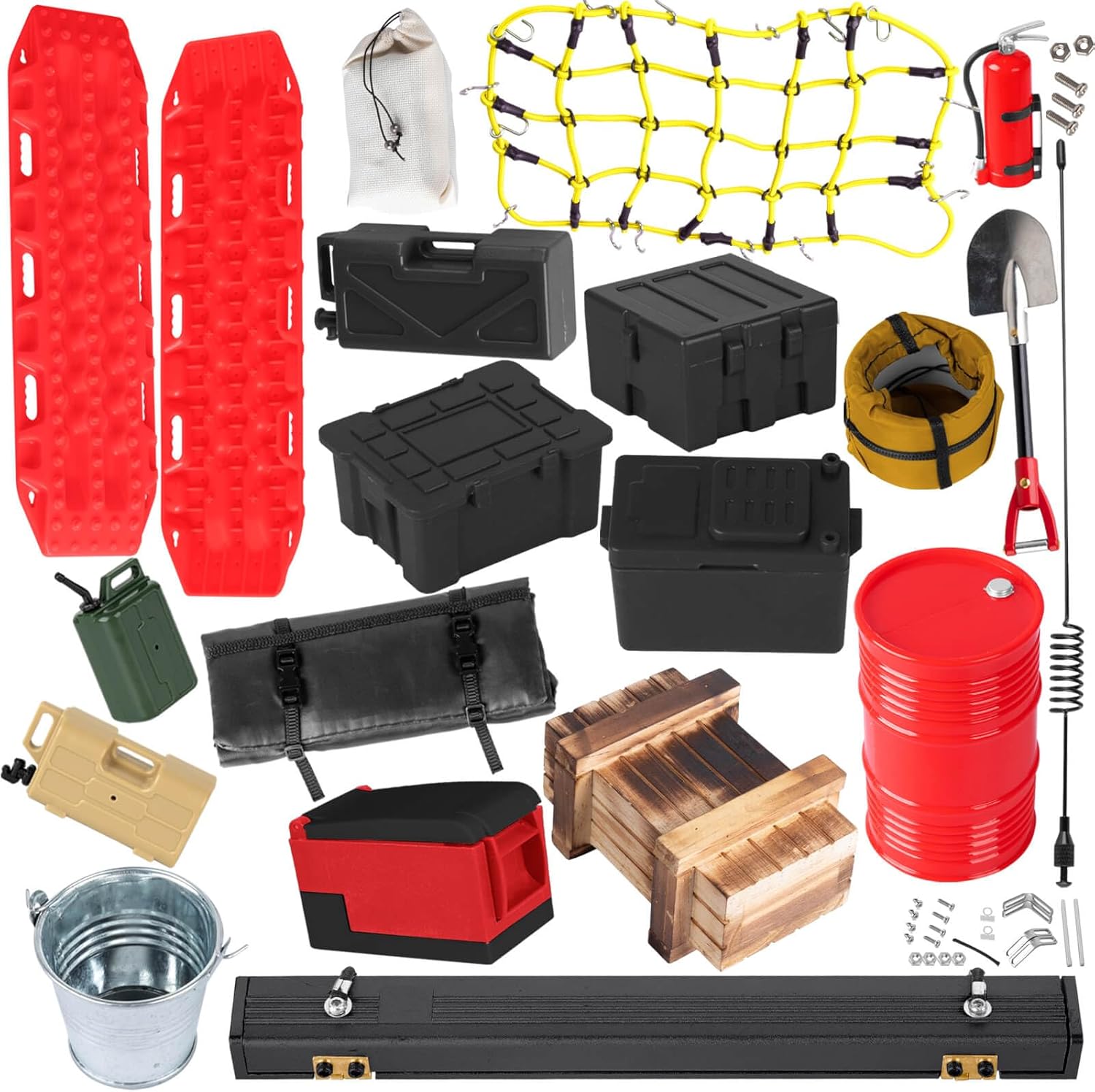 RC Crawler Car Decoration Upgrades Part for 1/10 Trx4 Trx6 SCX10 Gen 7/Gen 8,Fishing Box,Luggage net,Size Oil Drum,Recovery Board,Pot Bag,Wood Box Set,Sleeping Bag,Tent,Storage Bag,Antennas,Red
