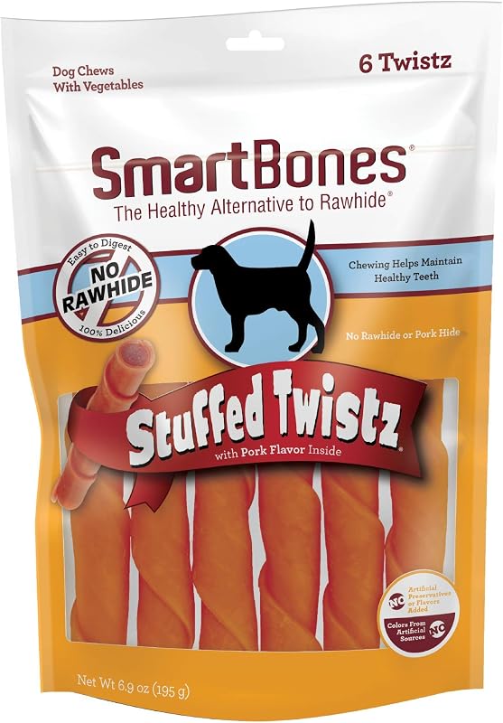 Palitos mastigáveis para cães SmartBones Stuffed Twistz sem couro cru, sabor de carne suína, 6 unidades