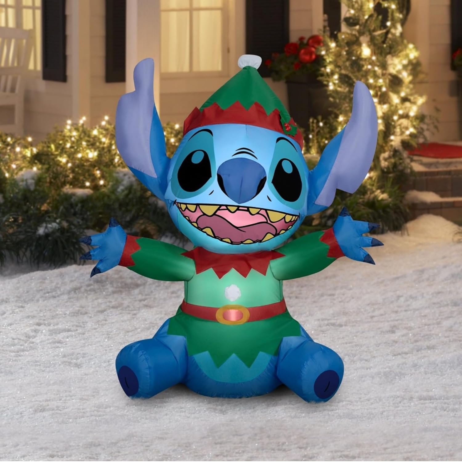 Gemmy Disney Stitch Christmas Inflatable, 4.5 Ft Tall, Elf and Angel Versions, Outdoor Holiday Decoration (Elf Stitch)