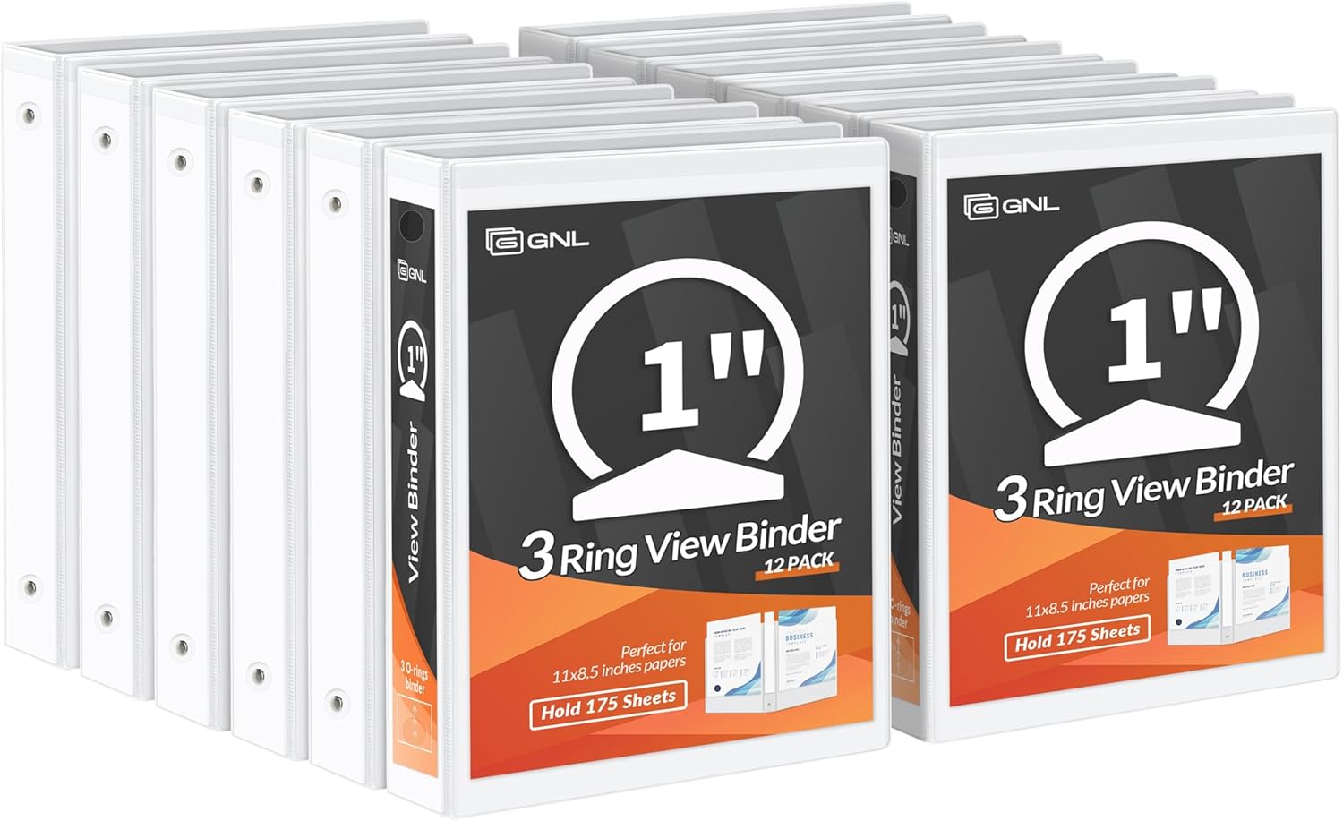 GNL 1 Inch Binders 3 Ring Bulk, 1" Three Ring Clear View Binder (Fit 8.5"x11" Paper) PVC-Free & Non-Stick for Office & School Supplies, White, 12 Pack