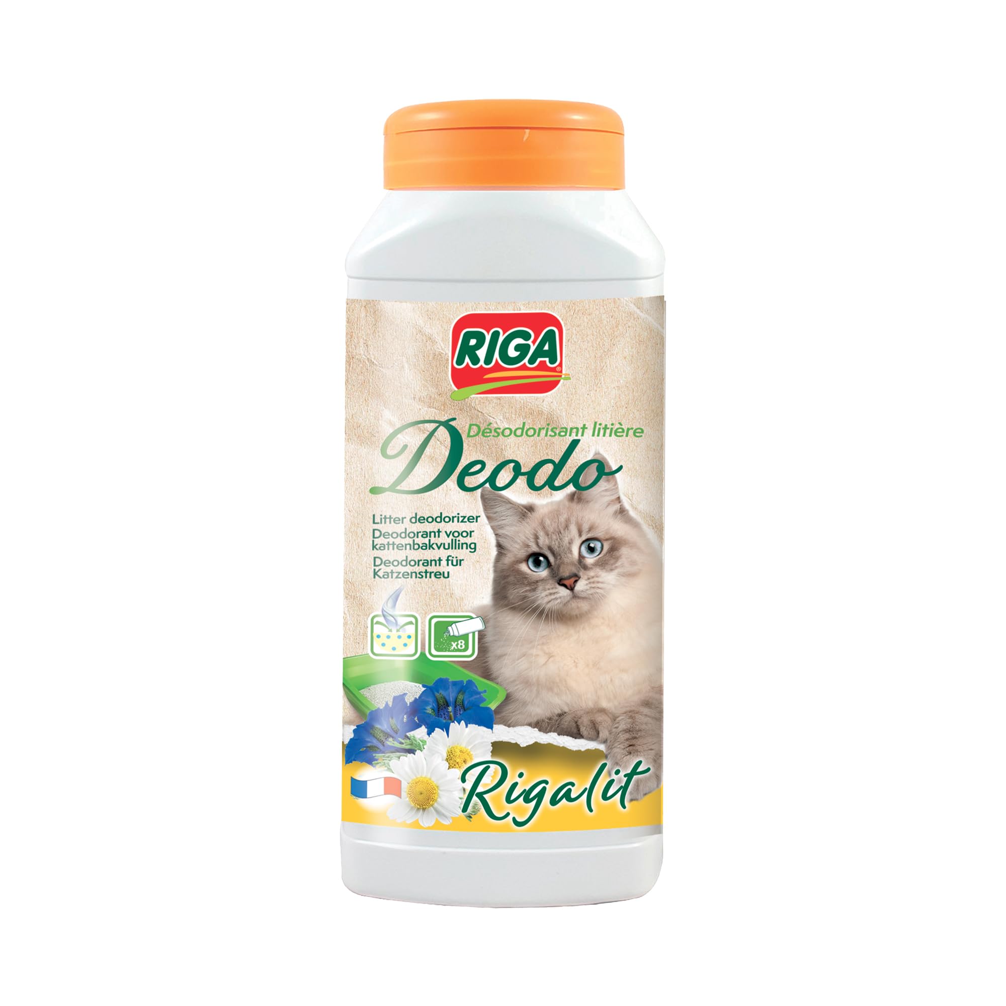 RIGA - Rigalit Déodo - Désodorisant Litière Chat - Parfum Floral - Neutralise Odeurs Et Bactéries - Prolonge Durée De La Litière - Rafraichit L'Atmosphère - 750g