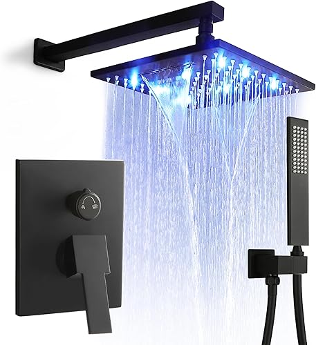 Miniatura 10 de SKOWLL Sistema de cabezal de ducha en cascada de 10 pulgadas, juego de mezclador de ducha LED de montaje en pared, kit de ducha de lluvia con