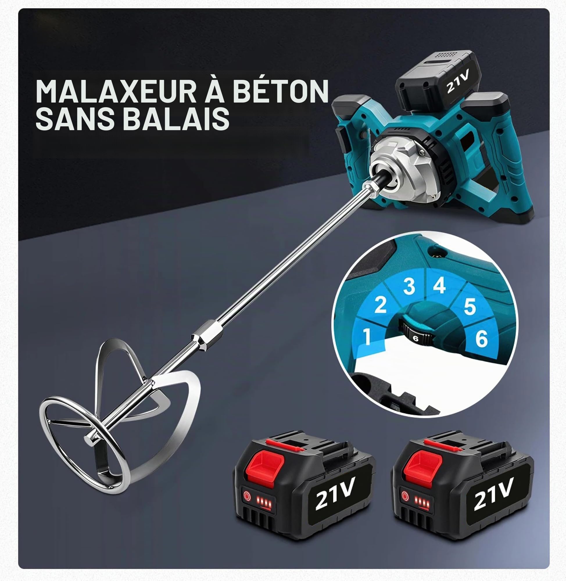 Malaxeur Mortier Colle Avec Batterie 2x4.0ah,1700W Mélangeur de Peinture et Mortier Réglable à 6 Vitesses Avec Poignée Malaxeur Enduit Mélangeur,Pour Le Mélange De Ciment,Béton,Coulis (2 Batterie)