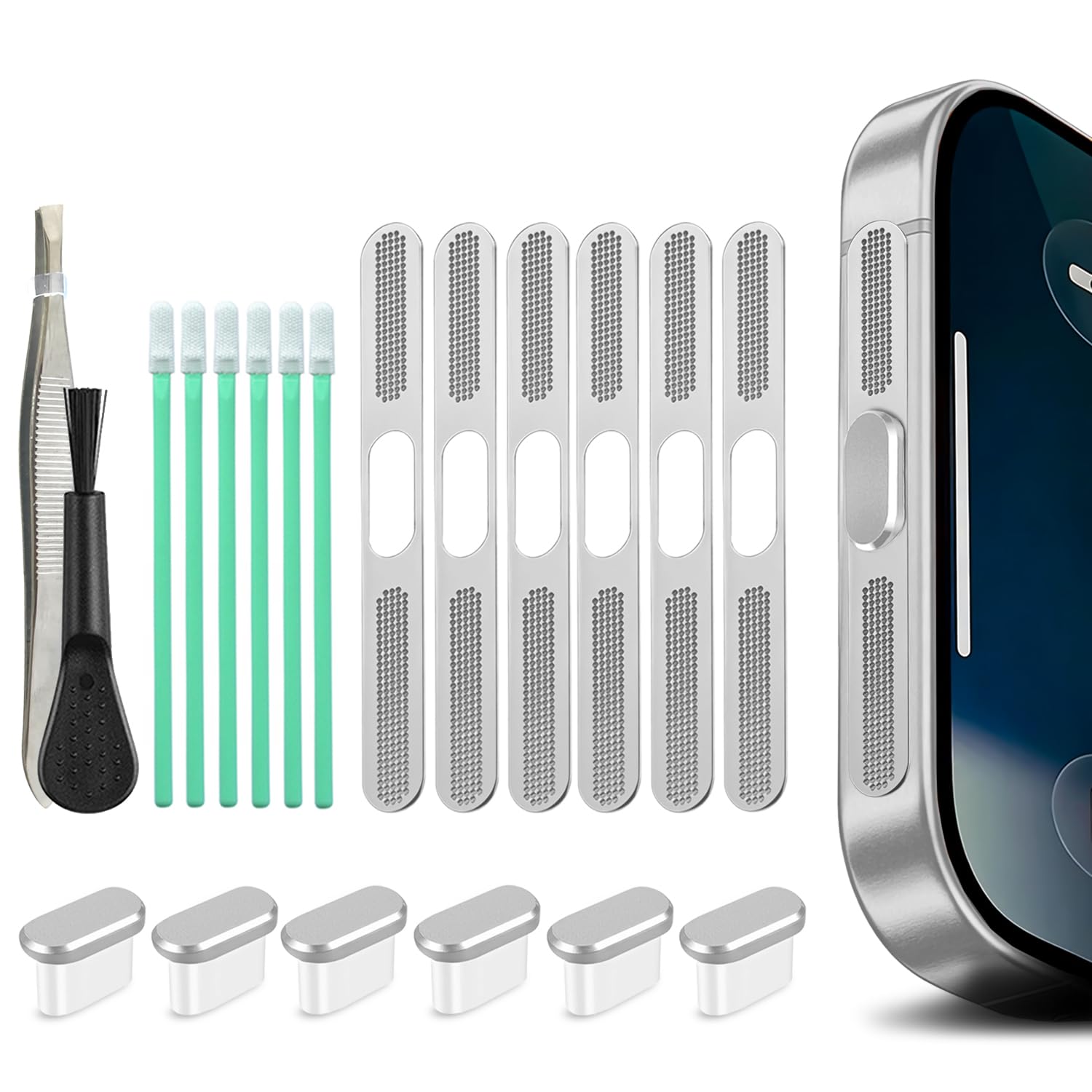 Tapón antipolvo USB C para iPhone 17 Pro Max con protector de altavoz plata 7