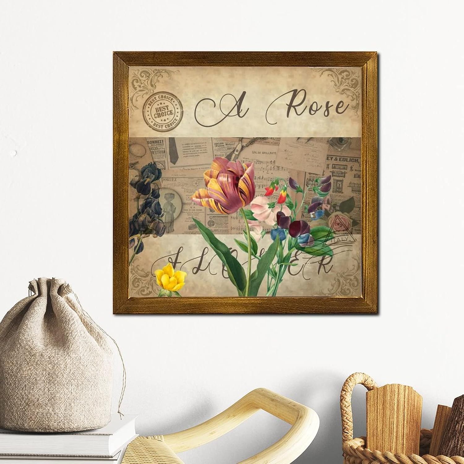 Vintage French Rose Flower Framed Wooden Sign Retro Newspaper Music Note Wood Plaque Vintage Blossom Floral Wood Hanging Wall Art Decor for Women Office Bathroom Shelf Decor 12x12 inch