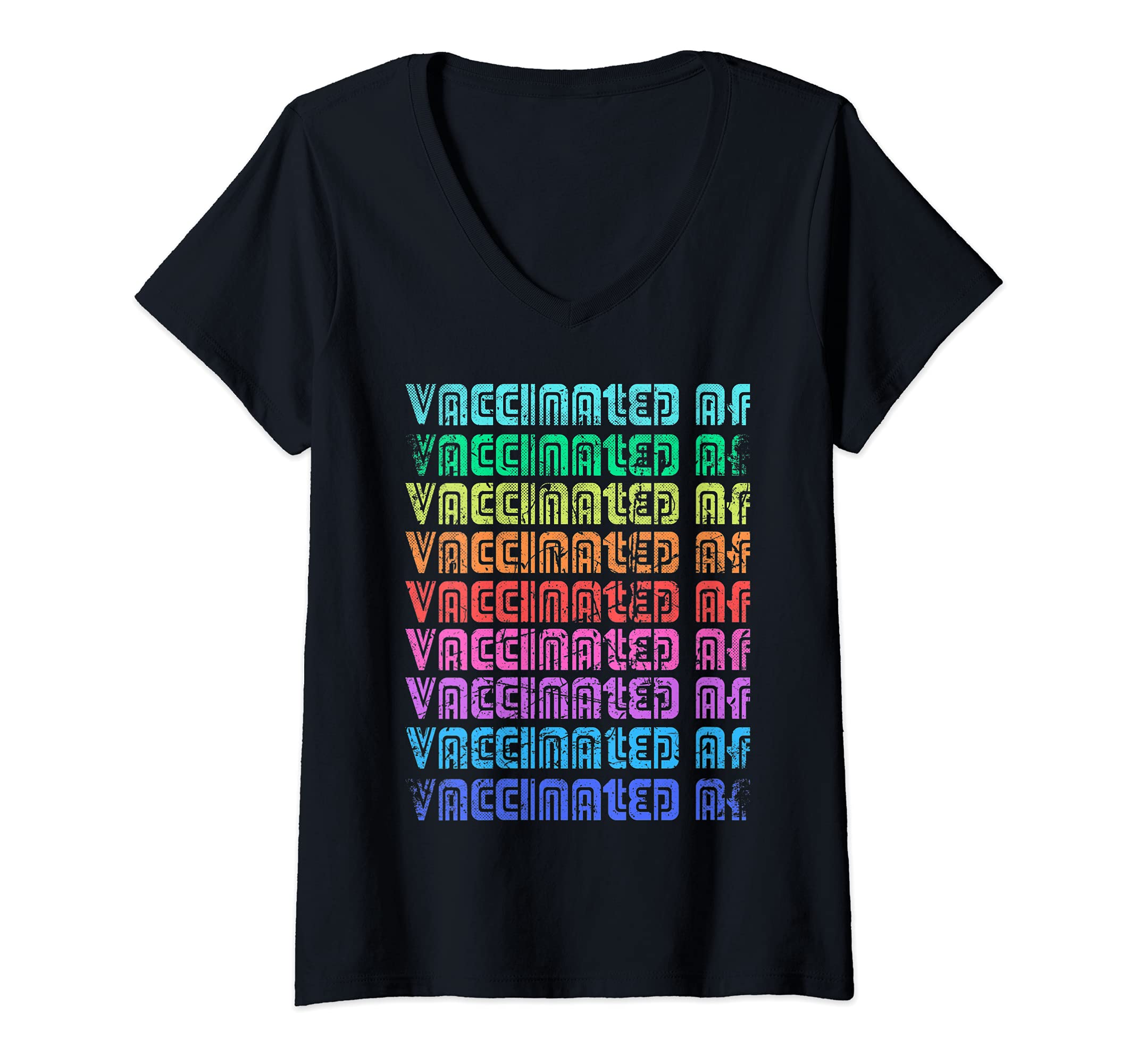 Womens Retro-Rainbow Vaccinated-AF Hug-Me Vintage Distressed Funny V-Neck T-Shirt