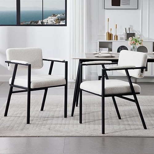 HEAH-YO Juego de 2 sillas de comedor modernas de sherpa, sillas de cocina tapizadas Boucle con respaldo abierto y reposabrazos, cómodas sillas