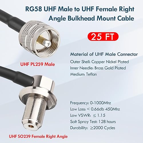 Miniatura 2 de MOOKEERF RG58 UHF PL259 Macho a SO239 Cable de montaje en ángulo recto hembra - Cable de extensión de antena CB de 25 pies Cable coaxial CB para