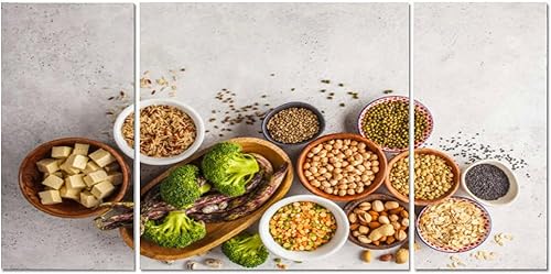 Fuente de proteína vegana, frijoles de tofu, garbanzos, nueces y semillas, una parte superior blanca, decoración de pared grande, lienzo, pinturas