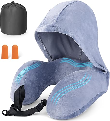 Almohada de cuello de viaje con capucha Almohada con capucha de avión imprescindible para adultos, espuma viscoelástica de alta calidad, apta para