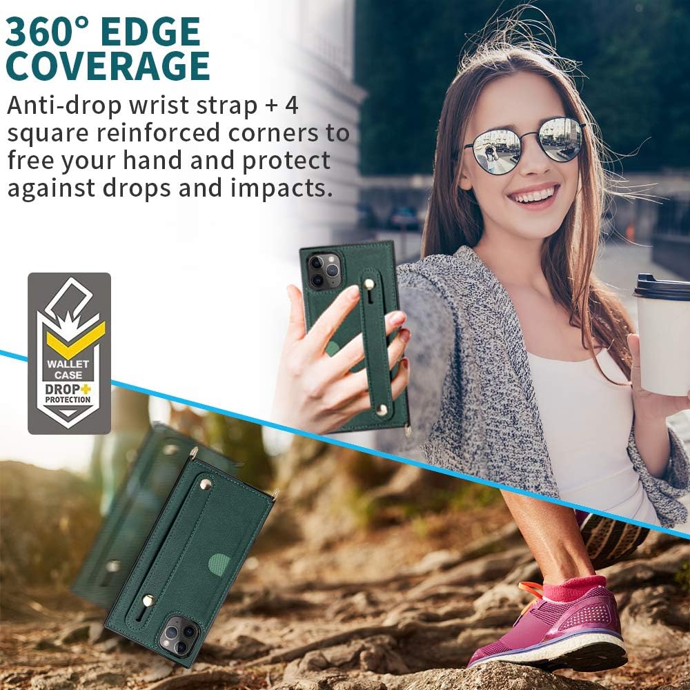 iPhone 11 Pro Max Case,Crossbody Wallet Case Leather with Hand Strap Holder,Kickstand,Card Holder,Removable Shoulder Strap,Protective Back Cover Square Case Compatible with iPhone 11 Pro Max-Green