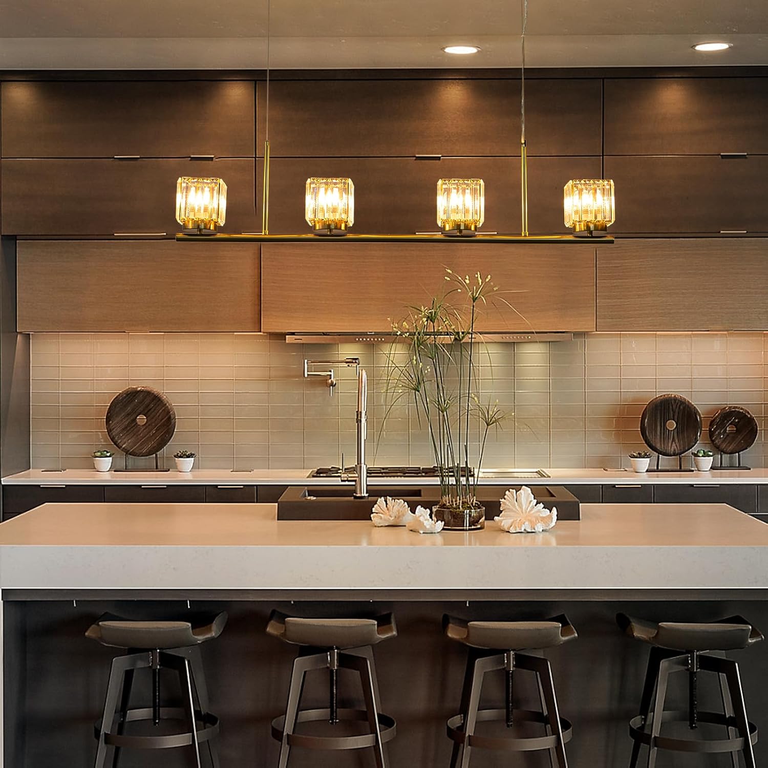 39.4" Crystal Pendant Lights Kitchen Island, Gold 4-Lights Dining Room ...