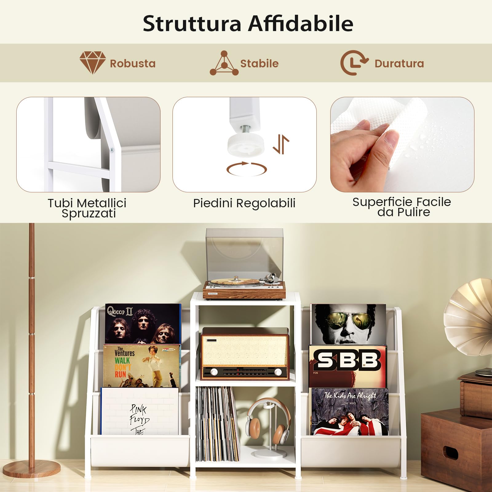 COSTWAY Supporto per Giradischi per Vinili, Porta Giradischi Vinili Fino a 200 Album con 3 Ripiani, 6 Tasche di Archiviazione e Struttura in Metallo, per Casa Studio e Caffè, 125x30x69 cm (Bianco)