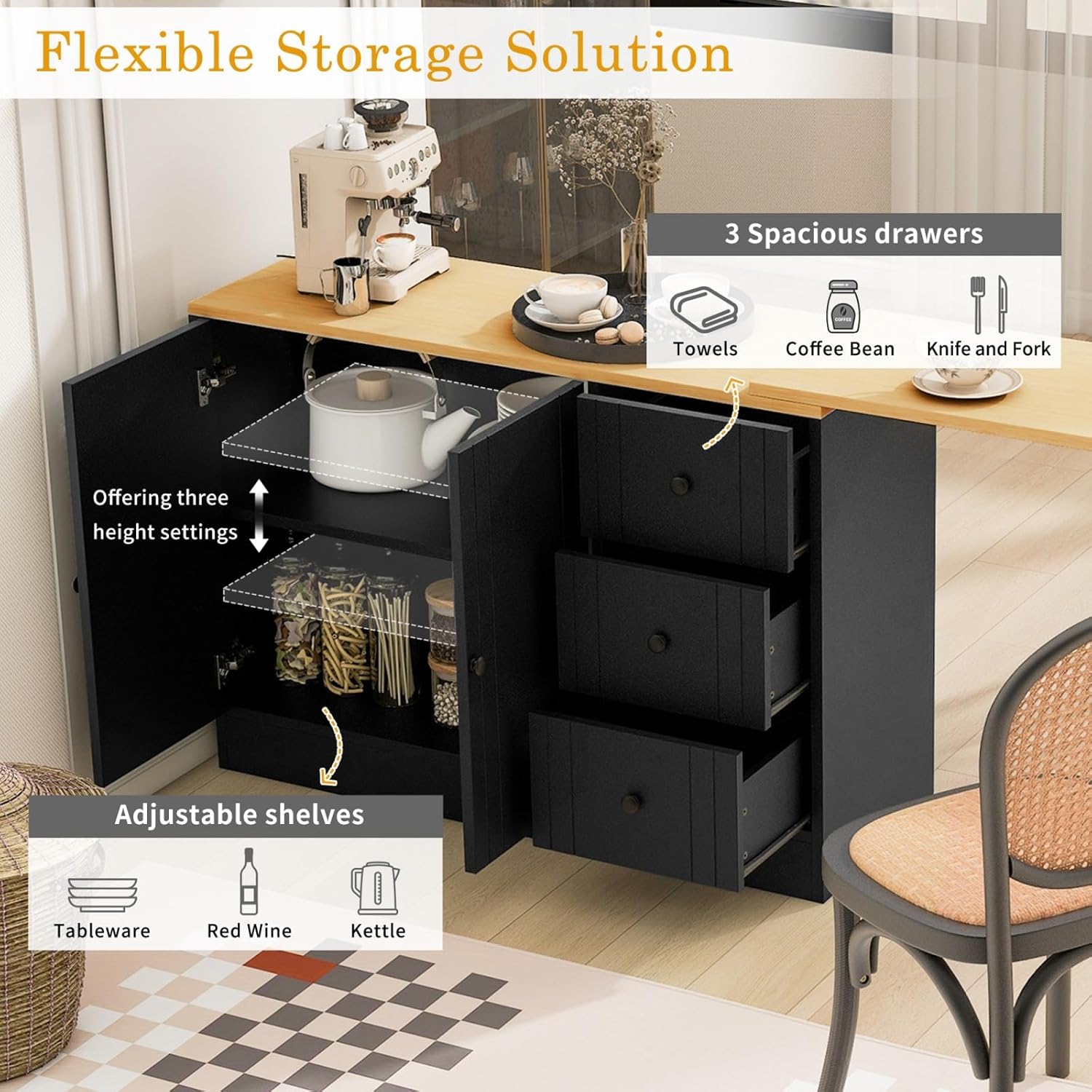 89.7''Wooden Sideboard with Extendable Table,Multifunctional Storage Cabinet with 2 Doors and 3 Drawers,for Living Room,Study,Foyer and Kitchen