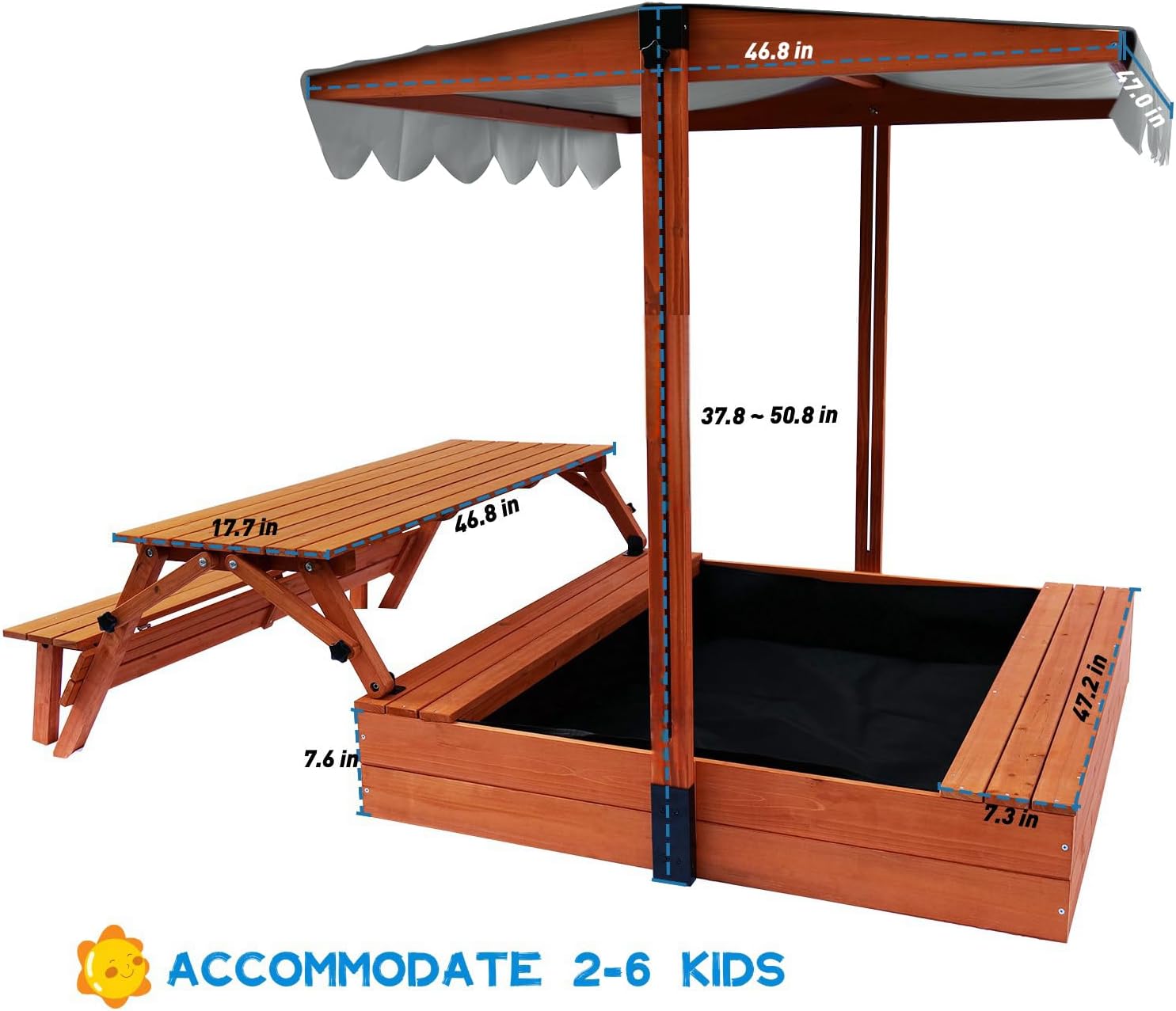 Detailed diagram showing the dimensions of the sandbox and picnic table.