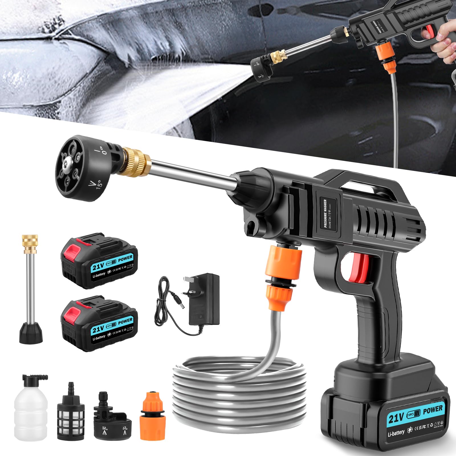 Cordless Pressure Washer,62Bar 270L/H Cordless Power Washer,6-in-1 Portable Pressure Washers with 2 * 3.0Ah Rechargeable Batteries,5M Hose,Jet Wash Tool for Car/Floor/Garden Cleaning