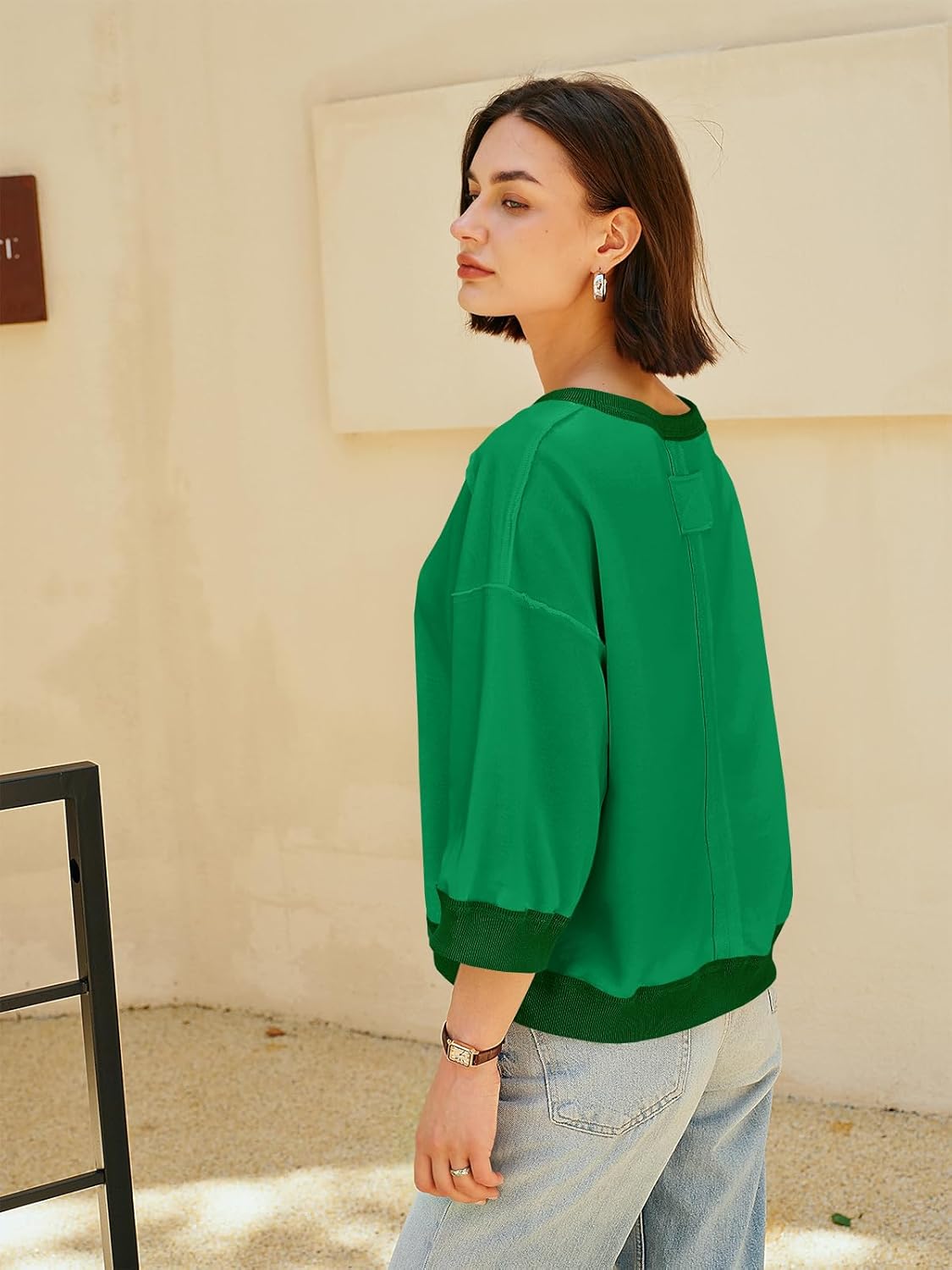 Nirovien Womens Short Sleeve Sweatshirt Oversized Crewneck Sweatshirts 3/4 Sleeve Casual Summer Tops - Image 4