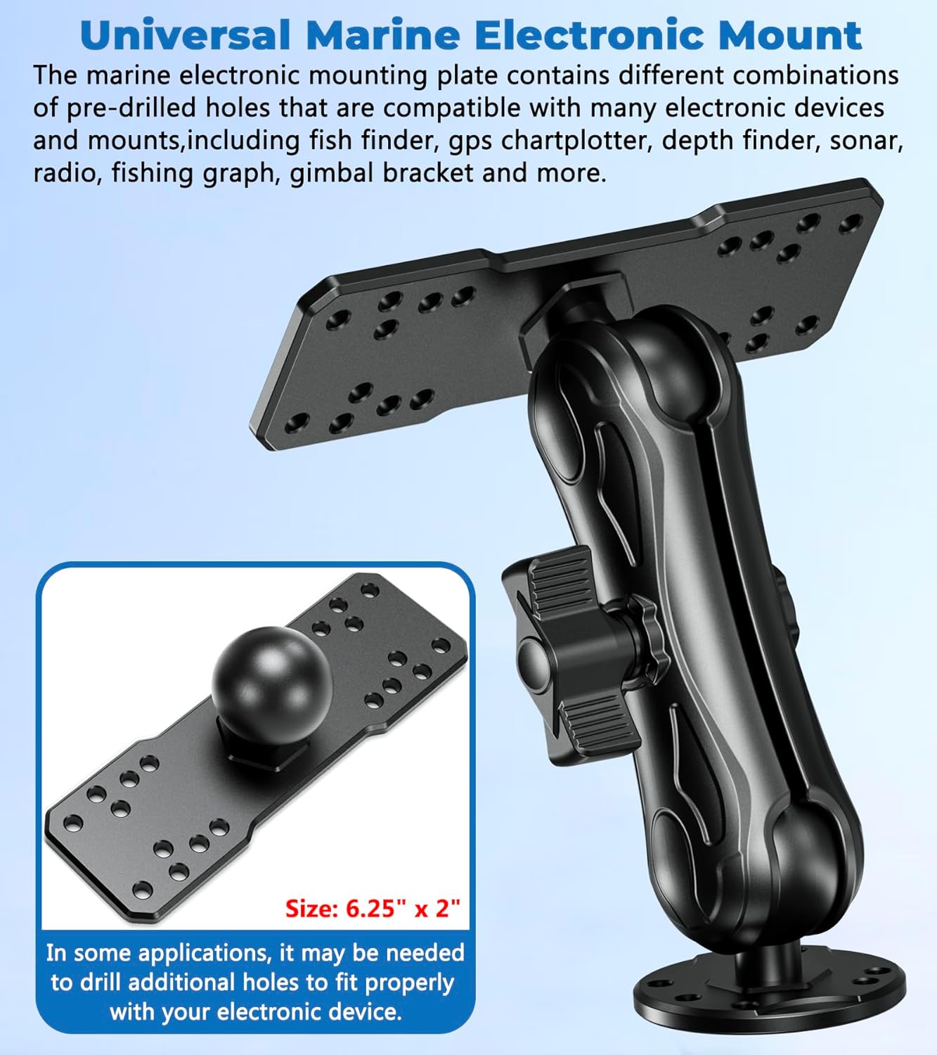 Aluminum Alloy Fish Finder Mount with C Size 1.5" Ball Rectangular Plate & Round Base, 5.7" Medium Arm Marine Electronic Mount Compatible with Garmin, Lowrance, Humminbird, Raymarine and More