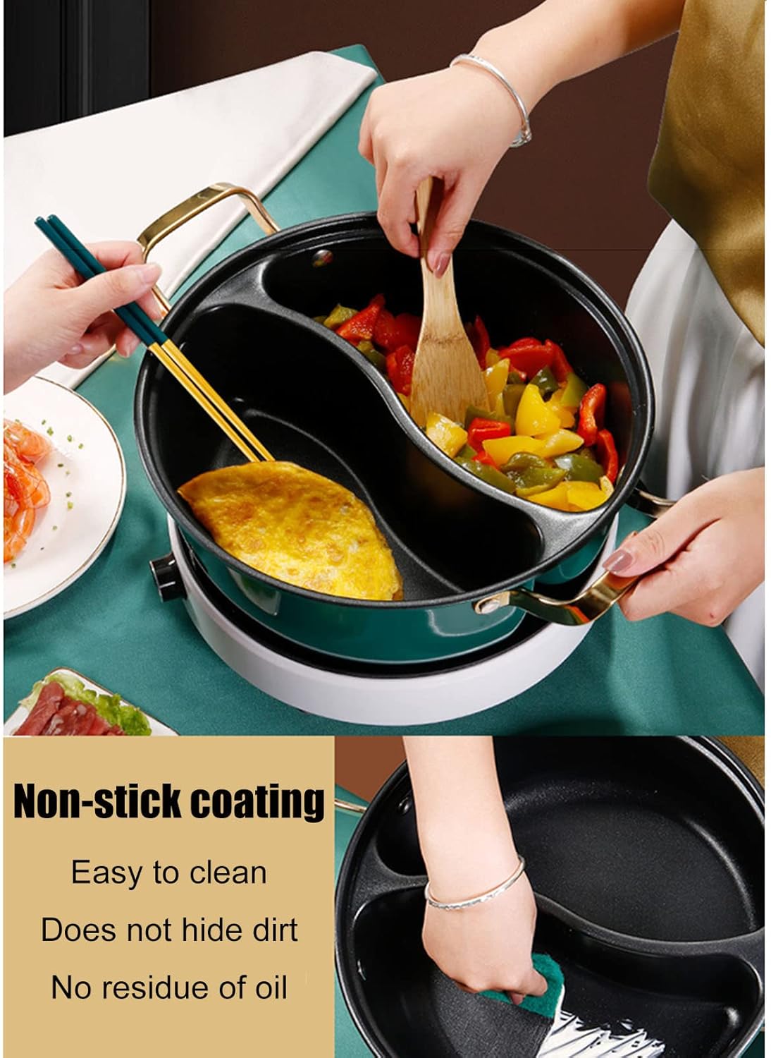 Yinyang Hot Pot Shabu Shabu Pot, Dual-Sided Nonstick Frying Pan with Divider & Lids, Versatile Stew Pot for Family Dinners, Restaurants, Induct & Gas Stove Catible, Perfect for Cheese Fondue