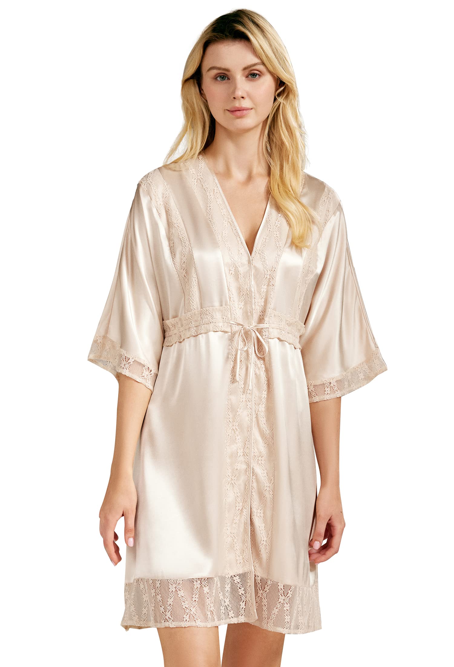 AW BRIDAL Womens Short Silk Robe Kimono Satin Bathrobe Sexy V-Neck ...