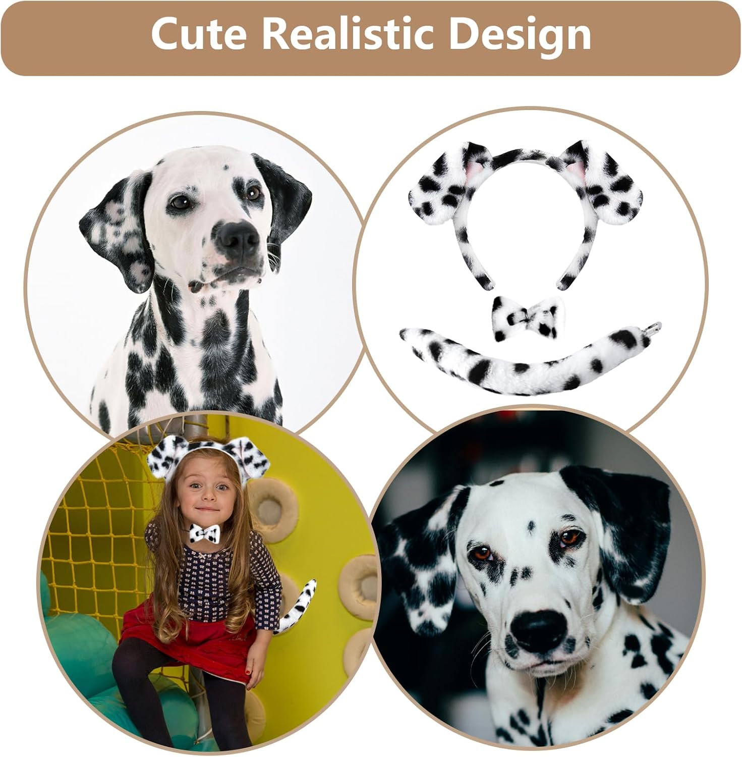 Beviliu Dalmatian Ears and Tail Set 3 Pieces Dalmatian Dog Ears Costume Accessories, Realistic Animal Ears Headbands for Halloween Party Cosplay Washing Makeup Adults - Image 4