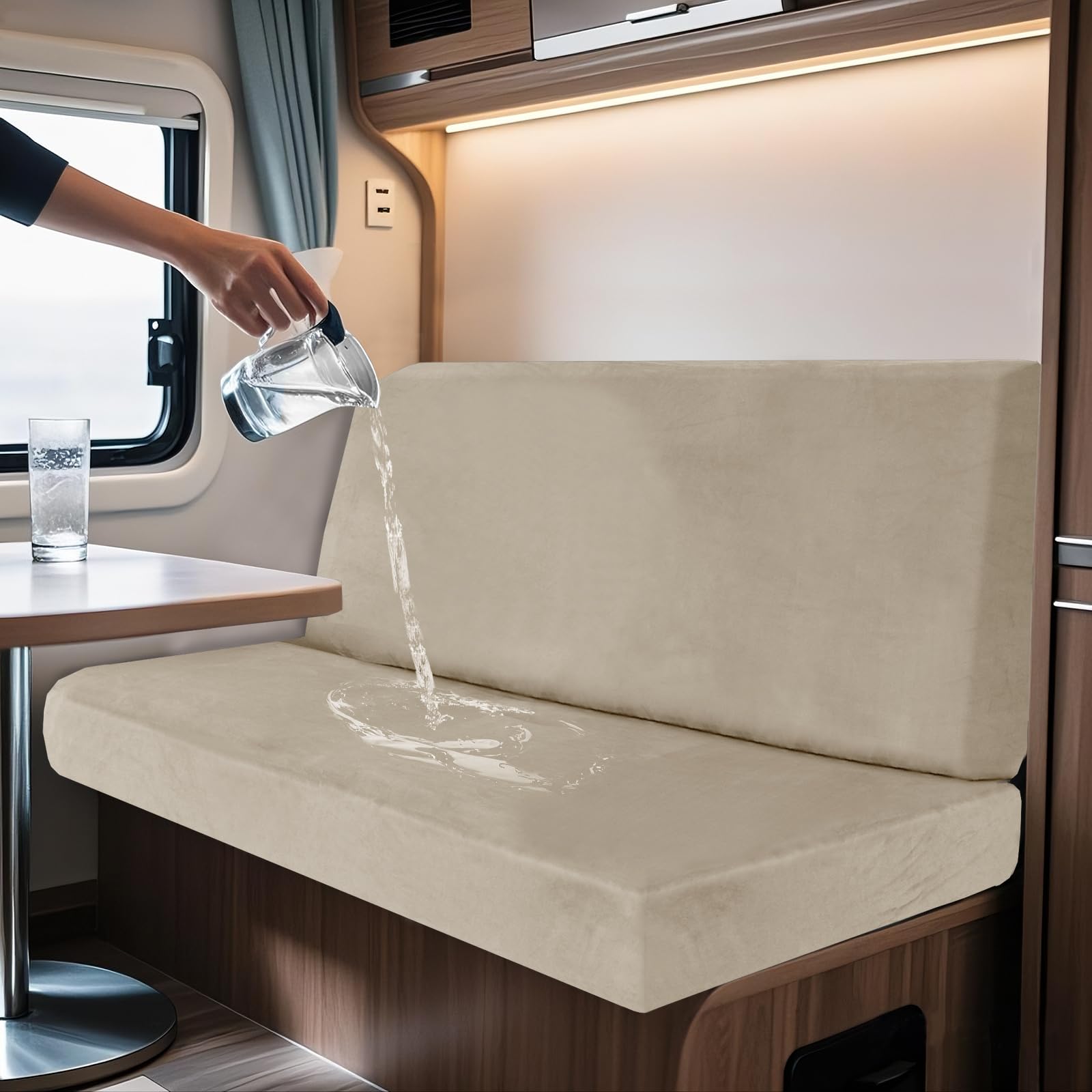 SYLC 2 Piece Waterproof Caravan Seat Covers and Backrest Cover, Non-slip Motorhome Dinette Cushion Covers with Ties, Stretch Campervan Seat Covers Velvet (Beige,Rectangular S)