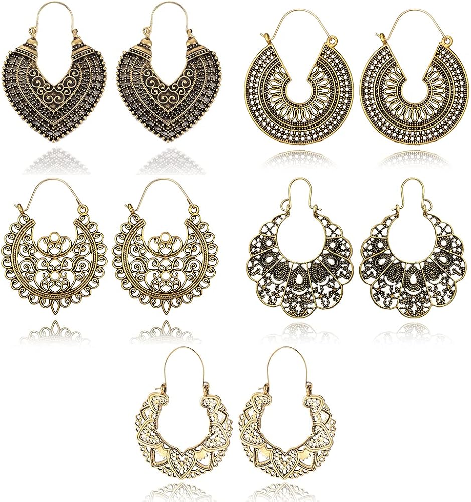 Faccubee 5 Pairs Women Lady Girls Fashion Jewelry Vintage Ancient Antique Gold Silver Bronze Boho Bohemian Tribal Ethnic Round Heart Shaped Big Large Hoop Drop Dangle Hollow Out Carved Earrings