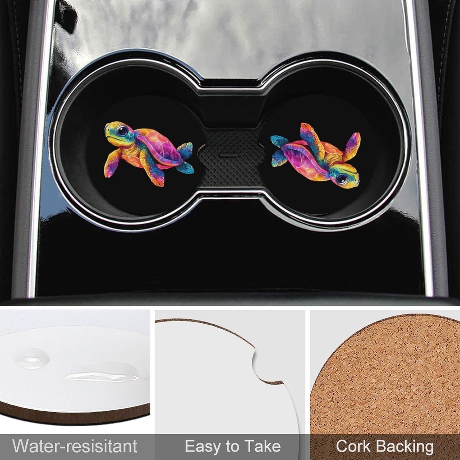 Cute Turtle Cute Car Coasters 2.56 Inch Absorbent Cup Holder for Drinks Auto Interior Accessories