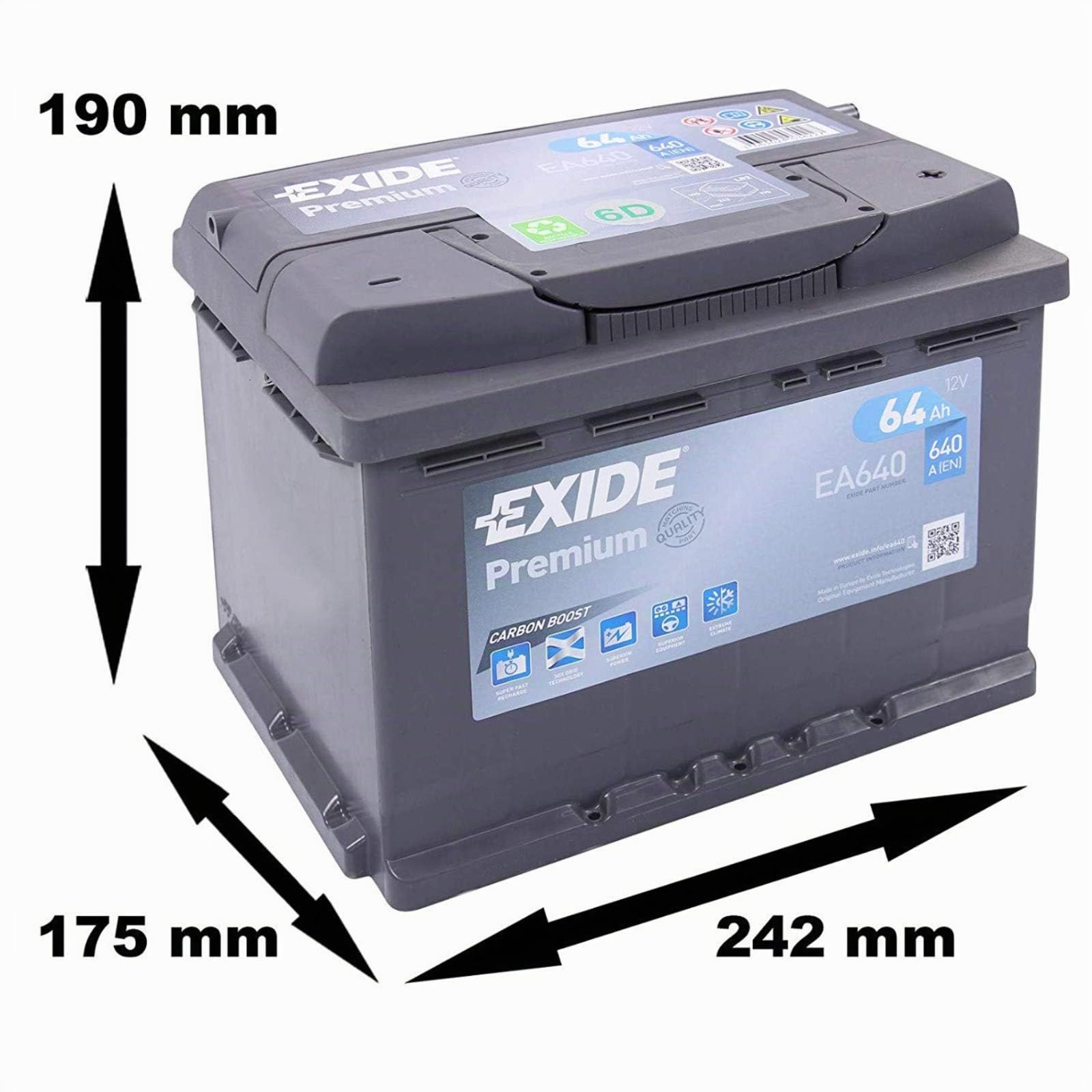 Autobatterie EXIDE EA640 64AH Ampere 640A mit Pluspol rechts