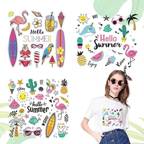 3 parches de verano para planchar para ropa, playa, transferencia de planchado, lindo flamenco, fruta, cactus, palma, tabla de surf, letras para