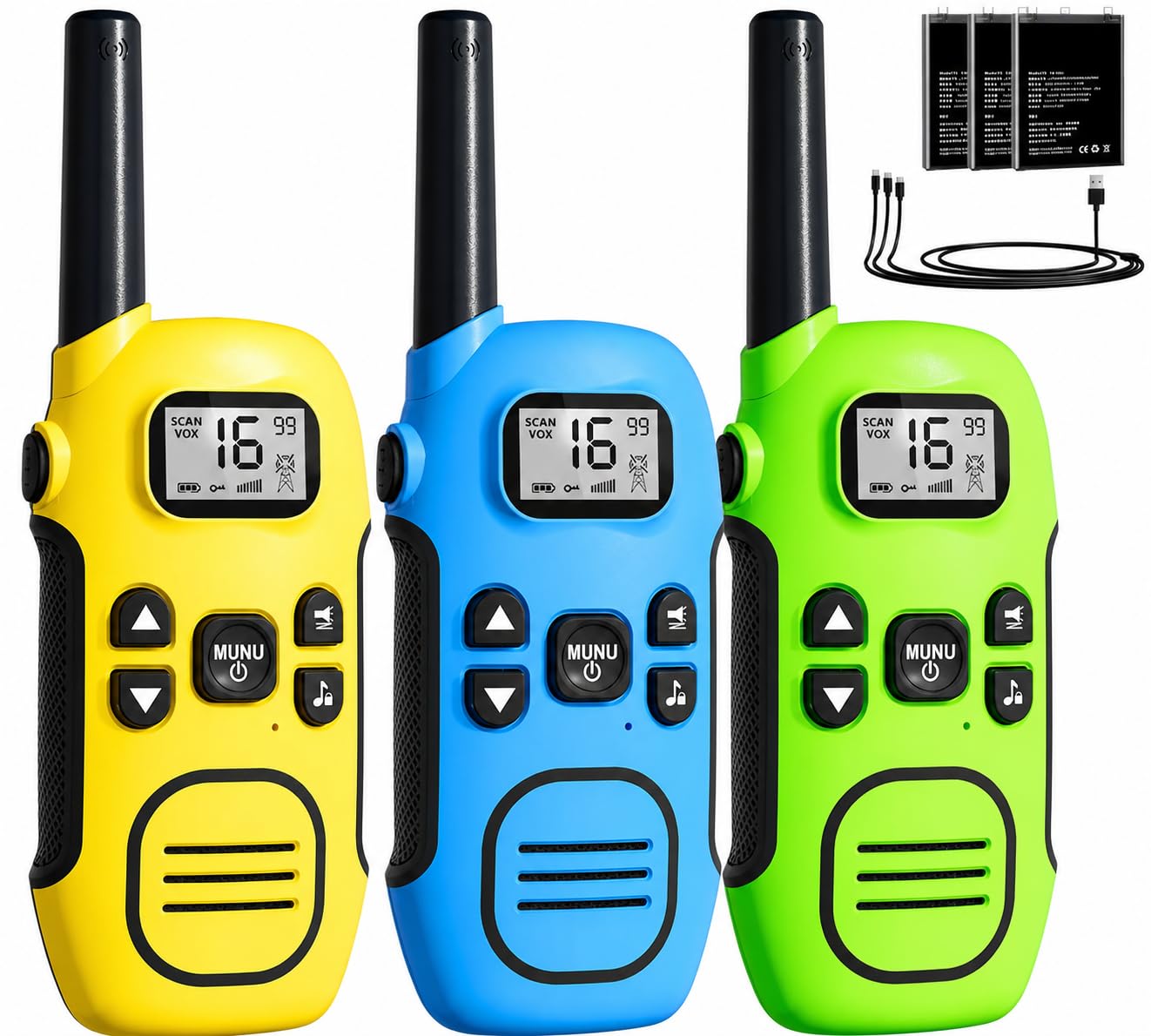 Walkie Talkies for Kids Adults,DURLK Rechargeable 3 Pack Walky Talky with Built-In Li-Ion Battery,2 Way Radio Long Range with 16 Channels,Flashlight,VOX,USB-C Cable for 3-12 Boys Girls Camping Hiking