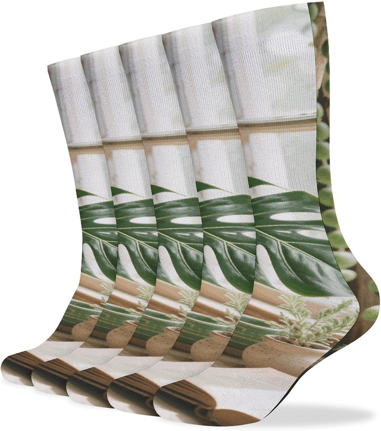 5-Pack Knee High Socks, 15.7 Inch Breathable Casual Socks Sage Green Boho Stockings for Men Women