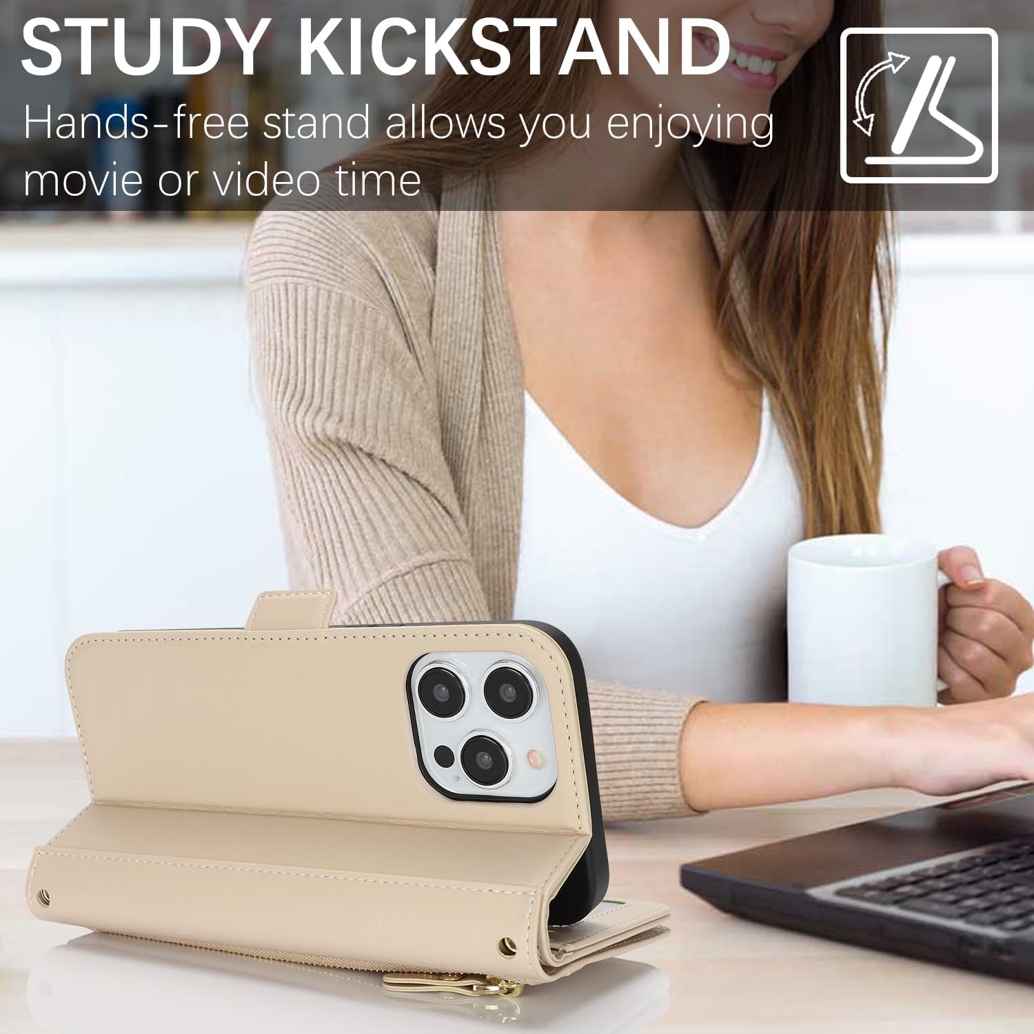 for iPhone 15 Pro Wallet Case for Women,for iPhone 15 Pro Case with Strap Crossbody Lanyard,PU Leather Shockproof Card Holder Stand Zipper Pocket Flip Phone Case-Beige