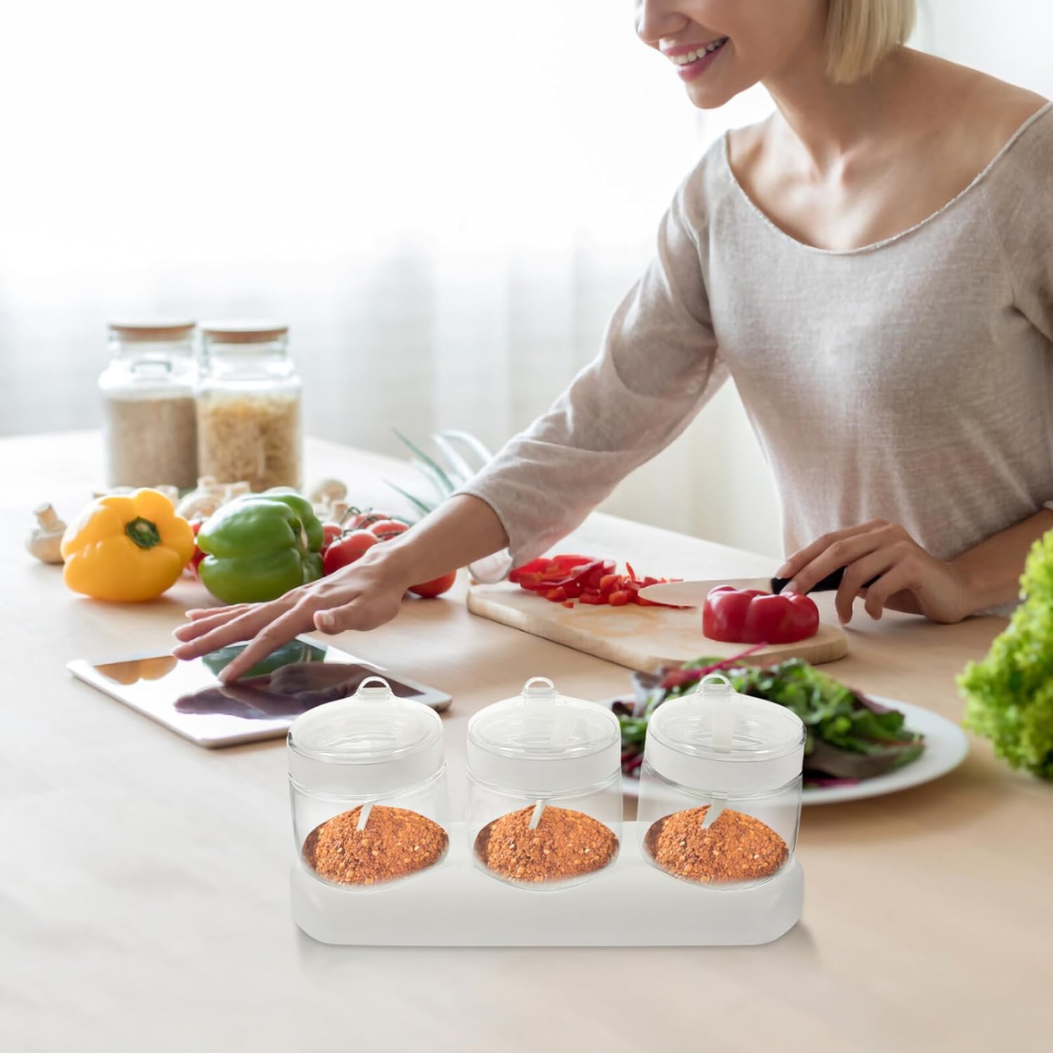 VICASKY Glass Seasoning Jar Set with Tray, 350ml Household Salt and Spice Storage Containers, Glass Condiment Holders for Kitchen Dining Table Use