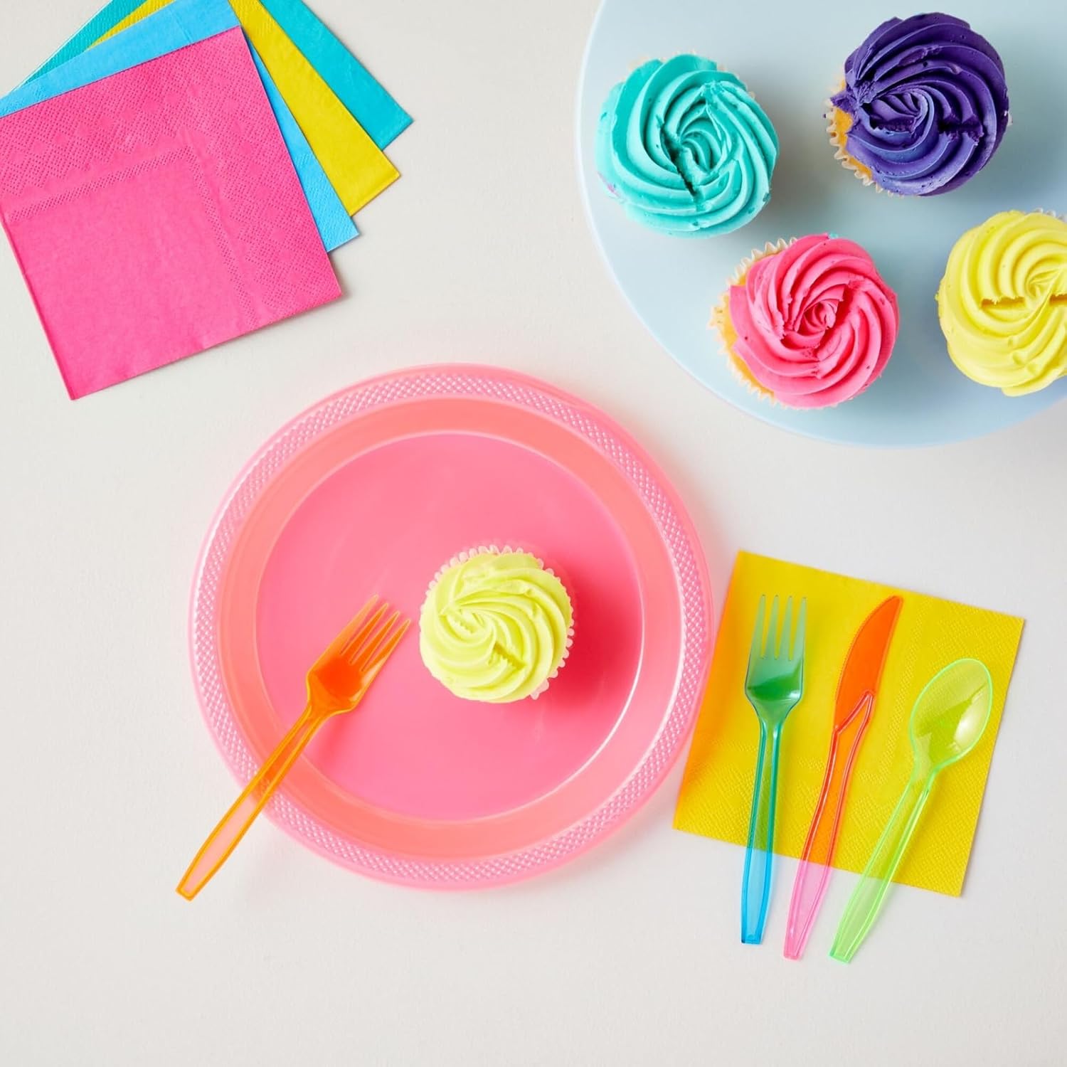 Rainbow Plastic Sierware Set - Disposable Neon Party Utensils -