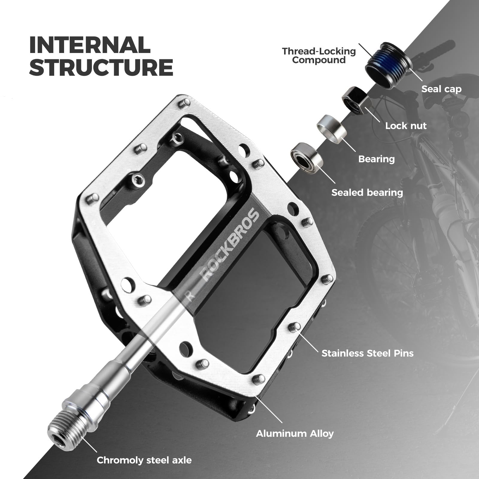 ROCKBROS Pedales de Bicicleta de Aluminio CNC, Plataforma Ancha Antideslizante con Clavos, Eje de Acero CR-Mo 9/16" con Rodamientos Sellados para MTB, Carretera, Gravel y Ciclismo Urbano