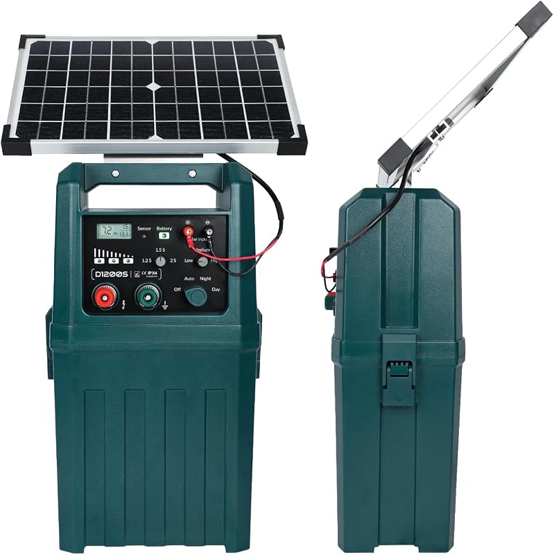 D1200S 24/7 Solar Fence Charger, 1.1Joule Portable Solar Fence Energizer with Adjustable Multi-Modes & Power Levels, 80 Acres/ 25 Miles Electric Fence Charger Ideal for Livestock