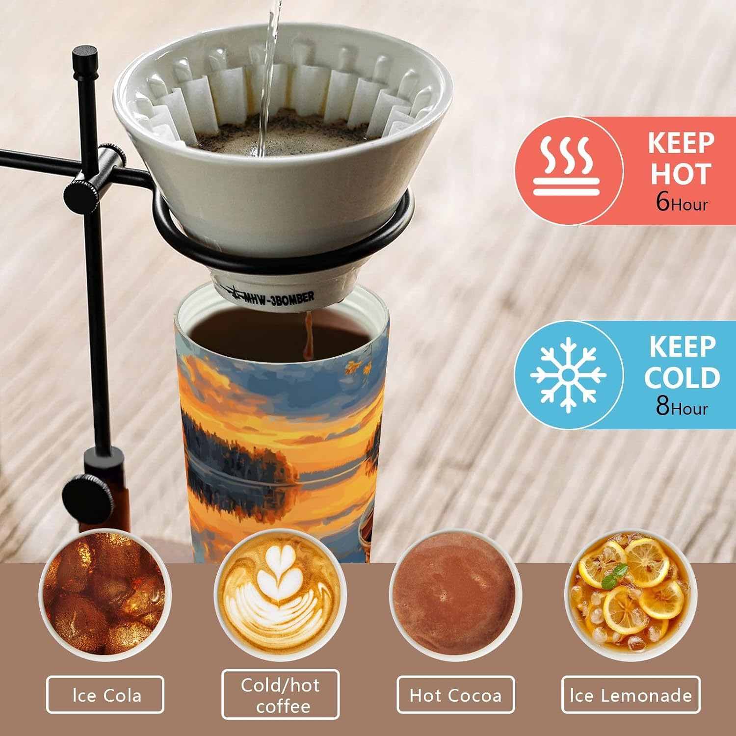 Insulated Coffee Mug Landscape Boat Fall with Straw & Flip Lid, 16.9oz Iced Tumbler Cup, Double Wall Vacuum Mug for Travel Office Camping