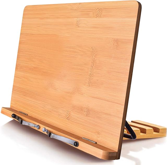 Wishacc Porte-livre XL-Grande Taille 15.4" x 11.0" Support de livre pliable réglable par la carte principale avec clips de support de page - Conserve des livres de cuisine, des livres reçus, des manuels, des tablettes, des ordinateurs portables, des ouvrages de musique, des documents