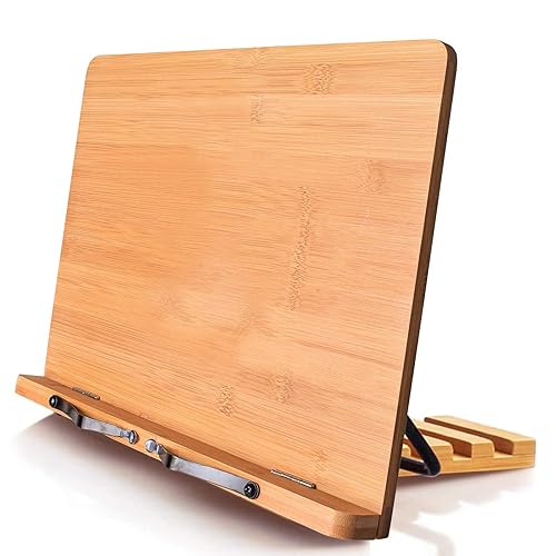 wishacc Book Stand XL-Large Size 15.4" x 11.0" Main Board-Adjustable Foldable Book Holder with Page Holder Clips - Holds Cookbooks, Receipe Books, Textbooks, Tablets, Laptops, Music Books, Documents - 15.4 x 11 inches