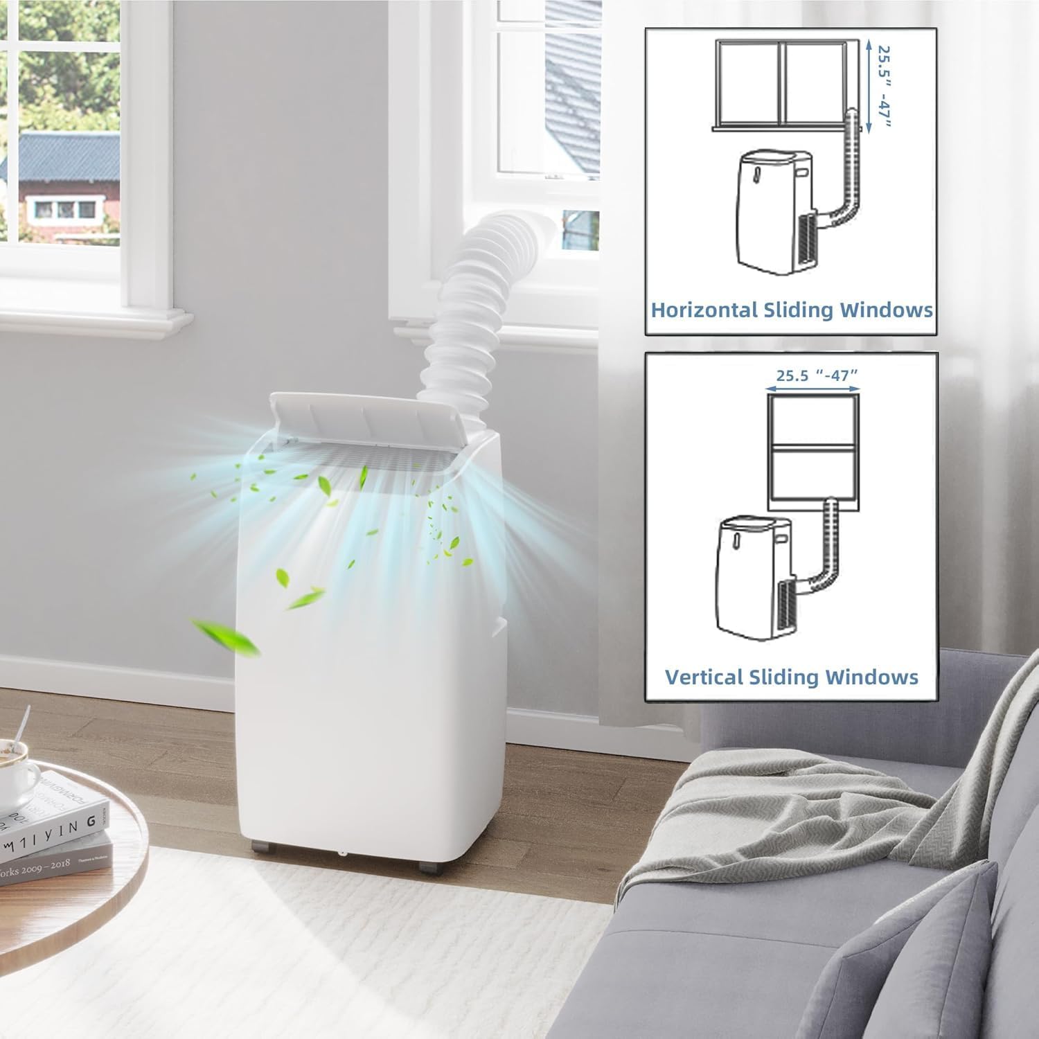 Diagrams for horizontal and vertical window installation of the portable air conditioner