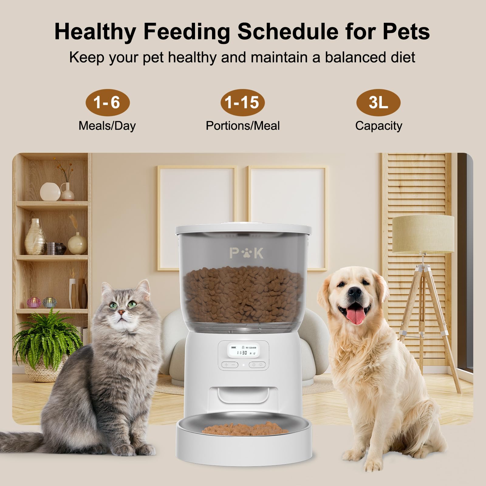 PUPPY KITTY Distributore Automatico Cibo Gatti, 2.4G WiFi Dispenser Cibo Gatti Collegare APP con 10S Registrazion, Ciotola in Acciaio Inossidabile 304, 1-10 Pasti al Giorno, 3L (Bianco)