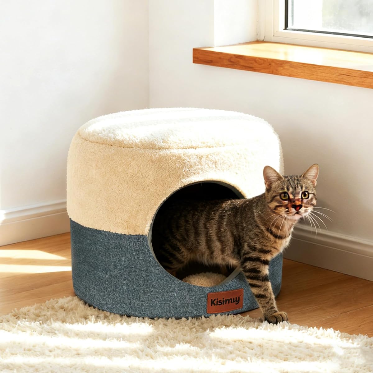 2-in-1 Foldable Cat Bed for Indoor Cats, Cat Cave & Sofa Bed | 15.7"D x 13"H, Reversible Plush & Linen Cushion,Enclosed Cat Bed, Hanging Cat Toys, Non-Slip, Small Cat House, Grey