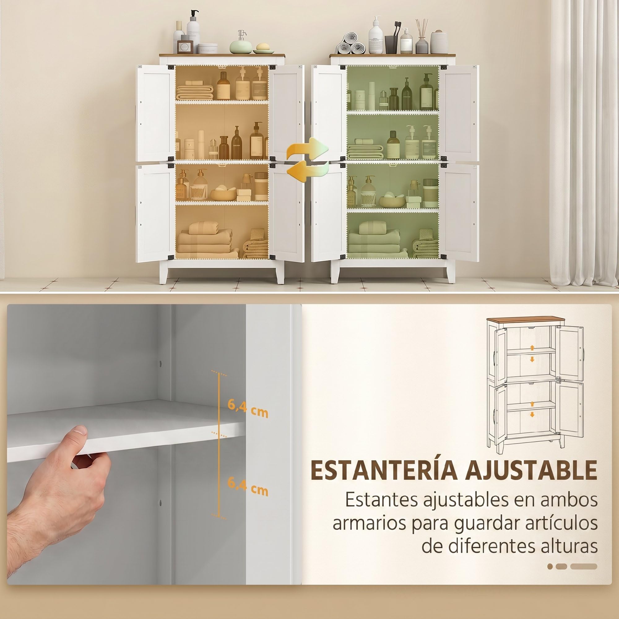 HOMCOM Armario de Baño Estrecho Puertas Tipo Granero 60x30x110 cm Blanco | Mueble Auxiliar de Baño, 4 Estantes, Estantes Ajustables, Ahorro Espacio