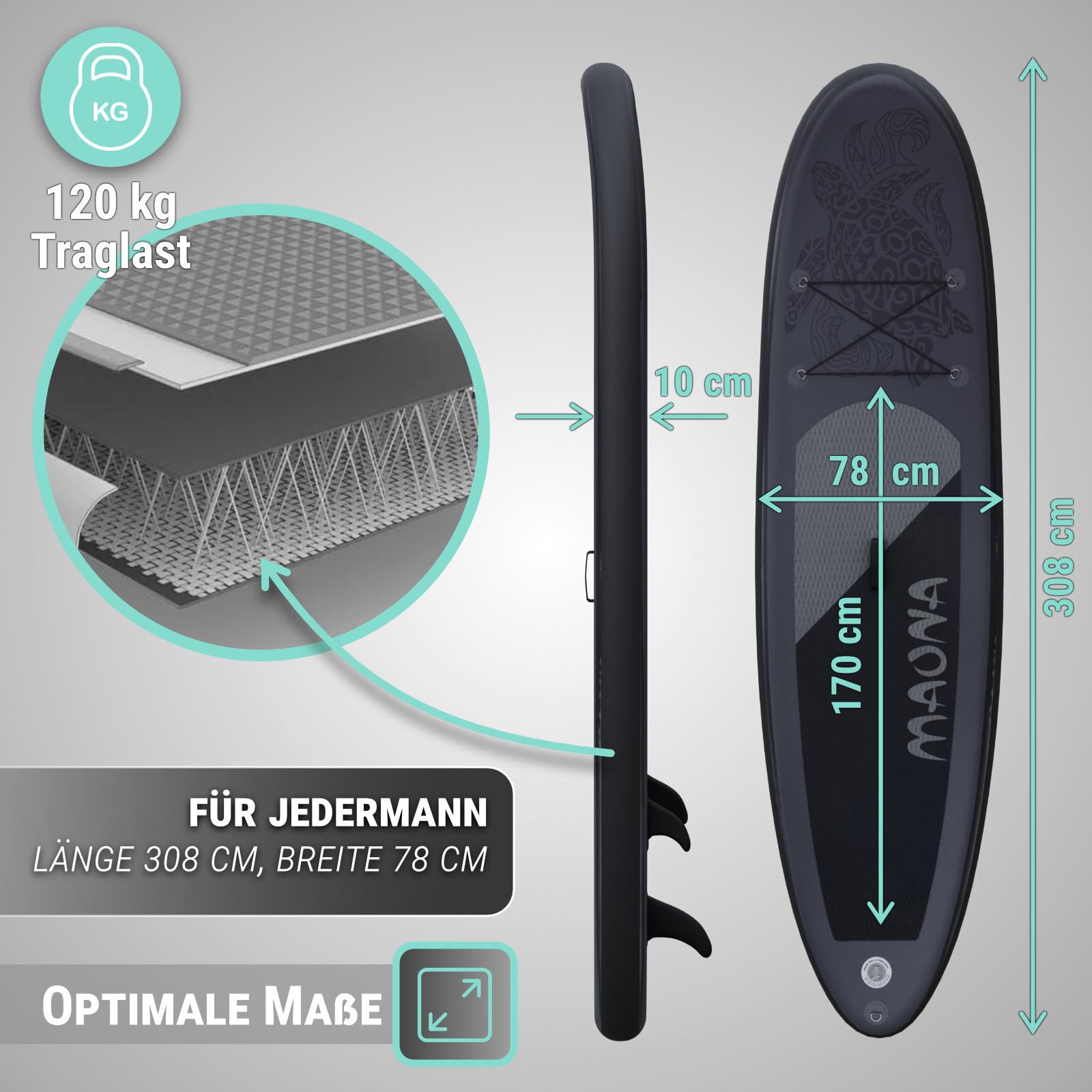 Stand Up Paddle-Board | SUP Board | 308 cm lang | Komplettset Alu-Paddel | Luftpumpe | Tragetasche | 120 kg Tragkraft