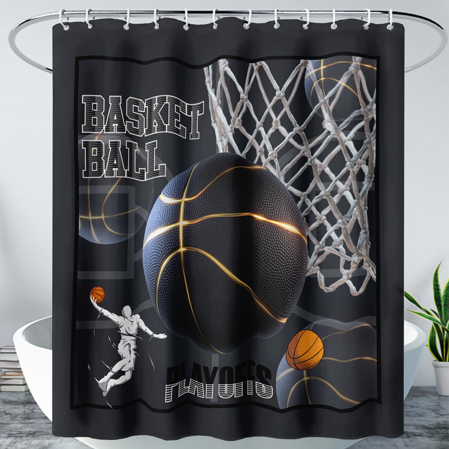AILONEN Sport Basketball Shower Curtain,Dunk Basketball Bath Curtain with 12 Plastic Hooks,Black Ball Printed Polyester Waterproof Shower Curtain,Kids Men Boys Bathroom Decoration,Washable 60