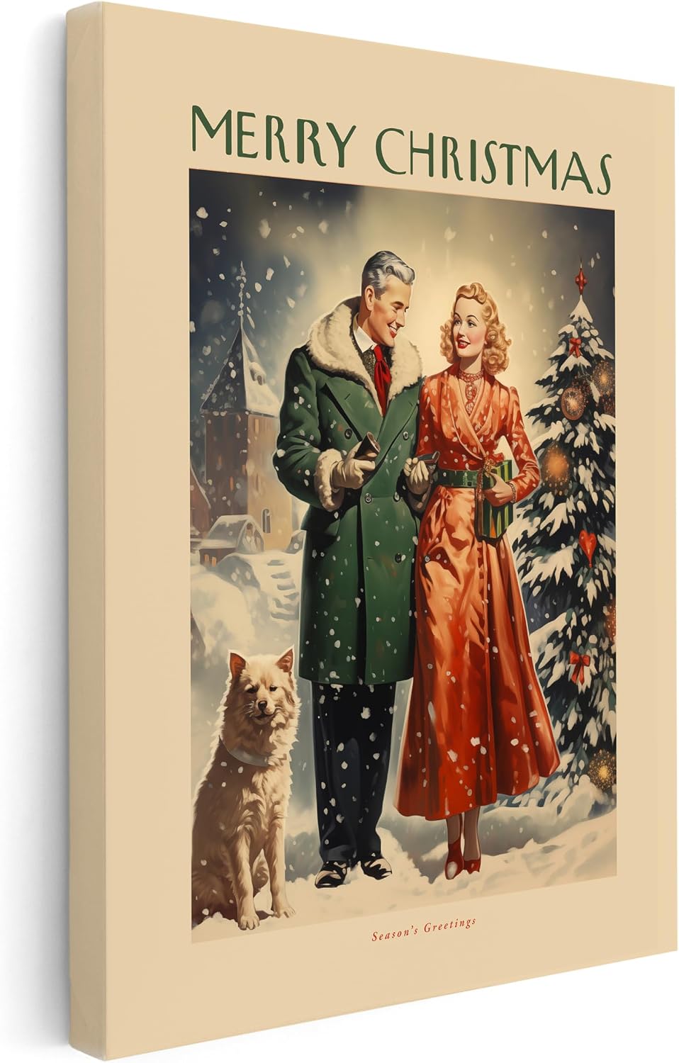 Poster Master Merry Christmas Canvas - Couple with Dog Print - Holiday Art - Winter Art - Gift for Men, Women & Lovers - Romantic Decor for Bedroom or Dorm - 8x10 STRETCHED Canvas