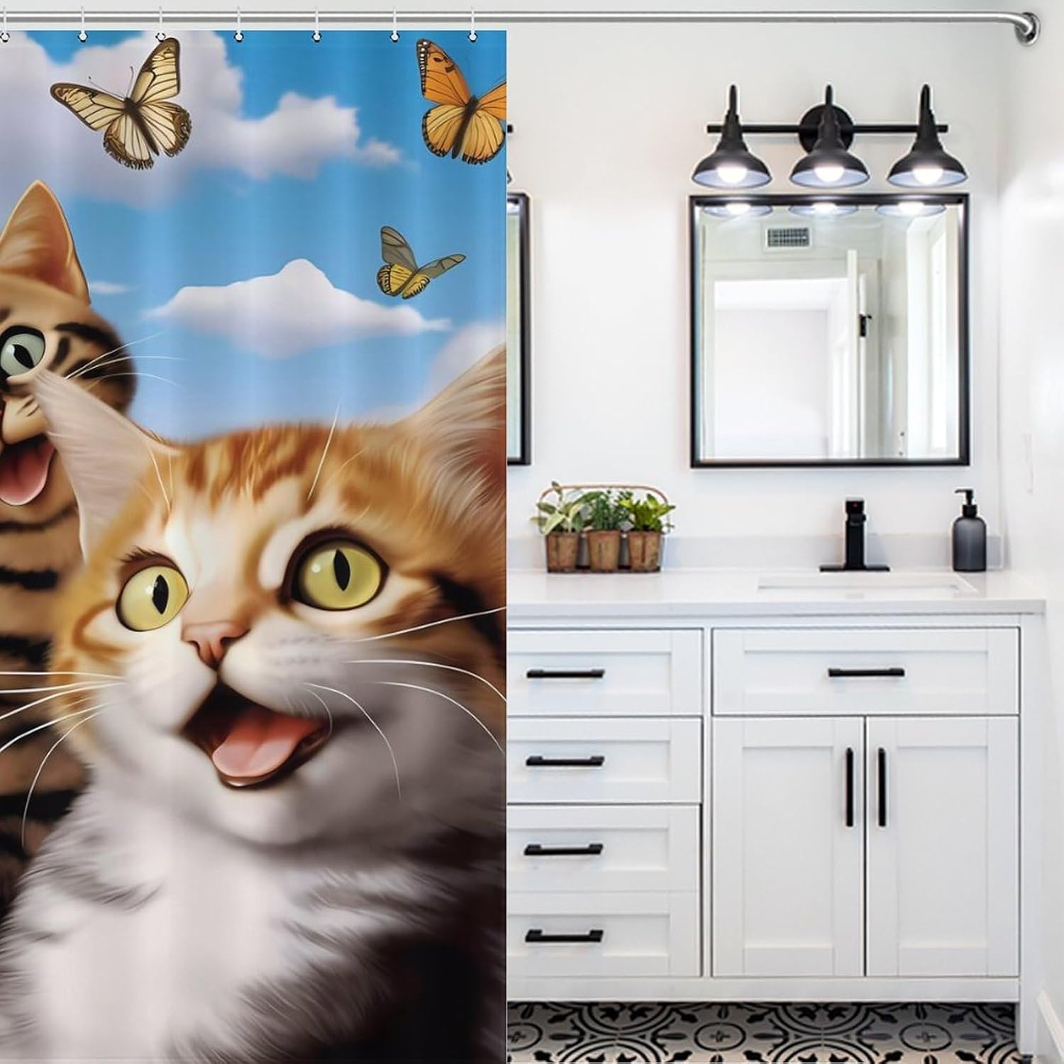 Cute Cats Butterfly Funny Shower Curtains Washable Bath Curtain Liner with Hooks for Bathroom Bath Tubs